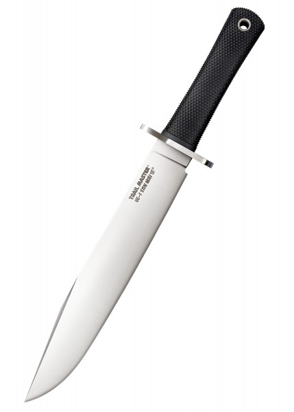 Das Trail-Master-Messer aus San Mai Stahl ist ein robustes, scharfes Werkzeug. Mit einer breiten, glatten Klinge und einem strukturierten schwarzen Griff eignet es sich ideal für Outdoor-Aktivitäten. Die Klinge zeigt den Aufdruck 'Trail Master San Ma