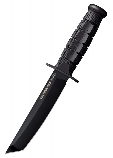 Das Leatherneck-Tanto Messer aus D2 Werkzeugstahl hat eine scharfe, schwarze Tanto-Klinge und einen rutschfesten Griff mit Cold Steel Gravur. Es ist für Präzision und Haltbarkeit gestaltet und eignet sich ausgezeichnet für den taktischen oder alltägl