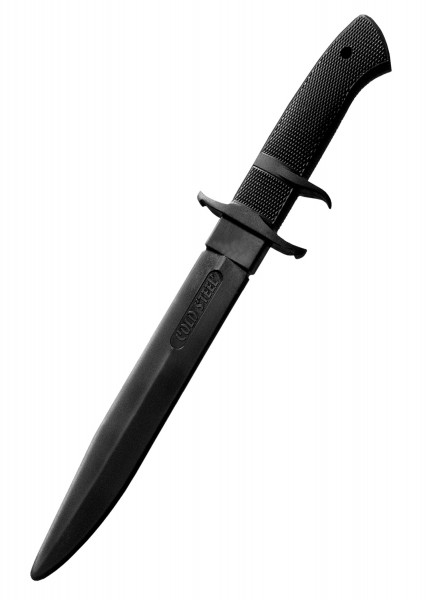 Das Bild zeigt ein Cold Steel Trainingsmesser Black Bear Classic aus Gummi. Das Messer hat eine schwarze, strukturierte Oberfläche und eine scharfe Klinge, die für sicheres Training ohne Verletzungsrisiko konzipiert ist.