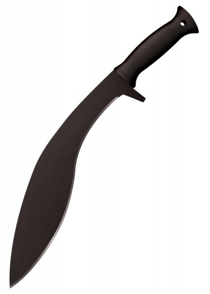 Das Bild zeigt die Kukri Plus Machete mit einer schwarzen Klinge und einem rutschfesten Griff. Diese Machete ist ideal für Outdoor-Abenteuer und Überlebenssituationen. Sie kommt mit einer passenden Scheide für sicheren Transport.