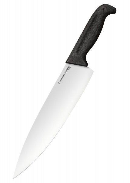 Das abgebildete Kochmesser der Commercial Serie verfügt über eine 10-Zoll-Klinge und einen ergonomischen schwarzen Griff. Die Klinge ist glänzend und scharf, ideal für präzise Schneidearbeiten in der Küche. Es ist ein hochwertiges Messer, das für pro