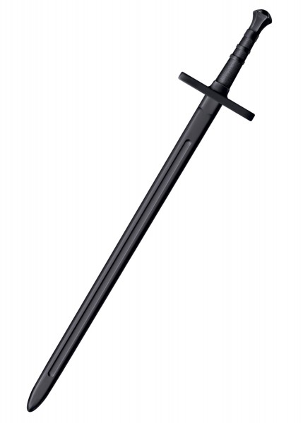Das Bild zeigt einen Anderthalbhänder Trainingsschwert aus schwarzem Polypropylen. Es hat eine detaillierte Klinge, einen robusten Knauf und ein breites Parier. Eine ideale Wahl für Schwertkampfübungen und Training.