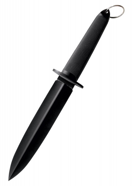 Das FGX Tai Pan ist ein taktisches Messer mit einer schwarzen, scharfen Klinge und einem strukturierten Griff für sicheren Halt. Es verfügt über eine leichte Konstruktion aus robustem Material und einen Ring am Griffende. Ideal für Outdoor-Aktivitäte