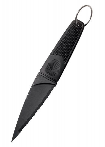 Das Bild zeigt das FGX Skean Dhu Messer mit einer schwarzen, gezahnten Klinge und einem ergonomischen Griff. Ein Metallring am Ende des Griffes dient zur Befestigung. Das Messer bietet Leichtigkeit und Robustheit und ist ideal für Alltags- und Outdoo