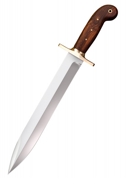 Das Rifleman's Knife von 1849 hat eine lange, glänzende Klinge mit einer scharfen Spitze und einem prächtigen Holzgriff. Der Messingbeschlag verleiht diesem historischen Messer einen klassischen Touch. Die Verarbeitung scheint hochwertig und robust, 