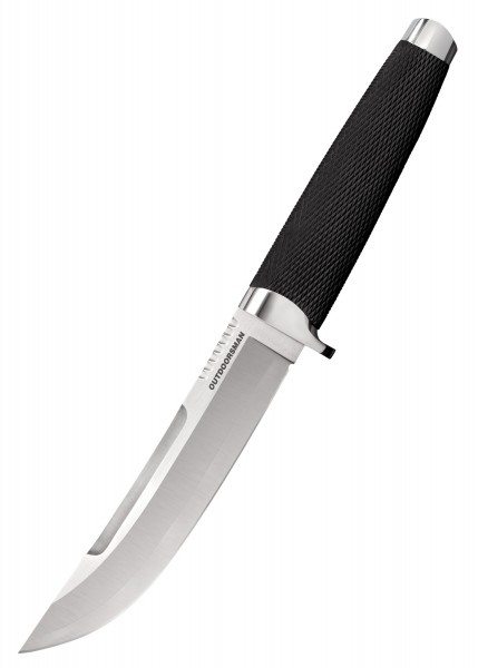 Das Bild zeigt ein hochwertiges Messer namens Outdoorsman aus San Mai Stahl. Das Messer verfügt über eine lange, scharfe Klinge mit einer leichten Krümmung. Der Griff ist schwarz und geriffelt für besseren Halt.