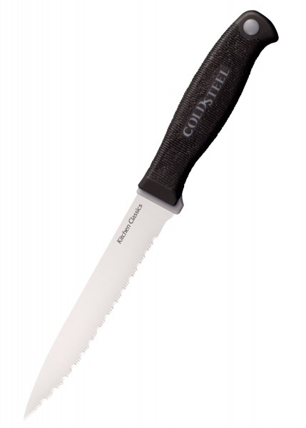 Dieses Bild zeigt ein Steakmesser aus dem 6er Steakmesserset 'Kitchen Classics' mit ergonomischen Griffen. Das Messer hat eine gezackte Edelstahlklinge und einen schwarzen, strukturierten Griff, der für optimale Handhabung sorgt. Perfekt geeignet zum