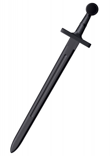 Ein mittelalterliches Trainingsschwert, ideal für Übungszwecke. Das Schwert hat eine schwarze, stumpfe Klinge und einen fest umwickelten Griff. Perfekt für historische Schwertkampf-Übungen und Reenactments geeignet.