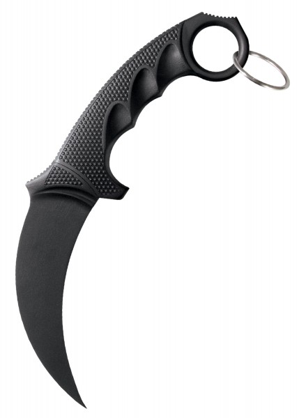 Das FGX Karambit ist ein taktisches Messer in Schwarz mit einer gekrümmten Klinge und einem strukturierten Griff zur sicheren Handhabung. Das Design umfasst einen ergonomischen Ring am Griffende zur zusätzlichen Kontrolle. Aus leichtem, aber robustem