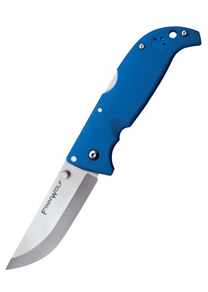 Das Taschenmesser Finn Wolf, Modell 2018, ist blau und verfügt über eine scharfe, silberne Klinge. Der ergonomische Griff ist aus robustem Material gefertigt und enthält mehrere Schrauben zur Befestigung. Dieses Modell ist funktional und ästhetisch a