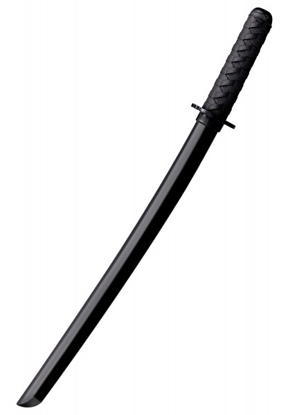 Das Bild zeigt ein Wakizashi Bokken Trainingsschwert aus Polypropylen mit einem optimierten Griff. Das vollständig schwarze Schwert ist elegant gestaltet und ideal für Trainingszwecke konzipiert.
