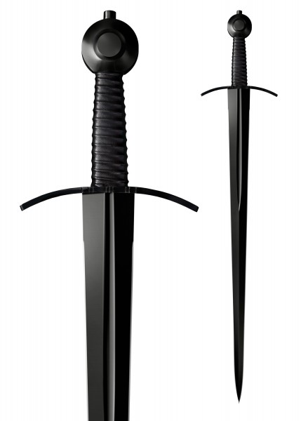 Das abgebildete Ritterschwert der Man-at-Arms Serie zeigt eine detaillierte Ansicht des schwarz gehaltenen Griffs und der Klinge. Es erinnert an mittelalterliche Waffen mit moderner Verarbeitung und eleganten Linien.