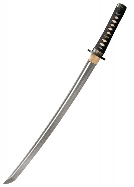 Der Gold Lion Wakizashi ist ein elegantes japanisches Schwert mit einer scharfen Klinge und kunstvoll verziertem Griff. Die Klinge hat eine sanfte Kurve, während der schwarze Griff mit goldenen Details besticht.